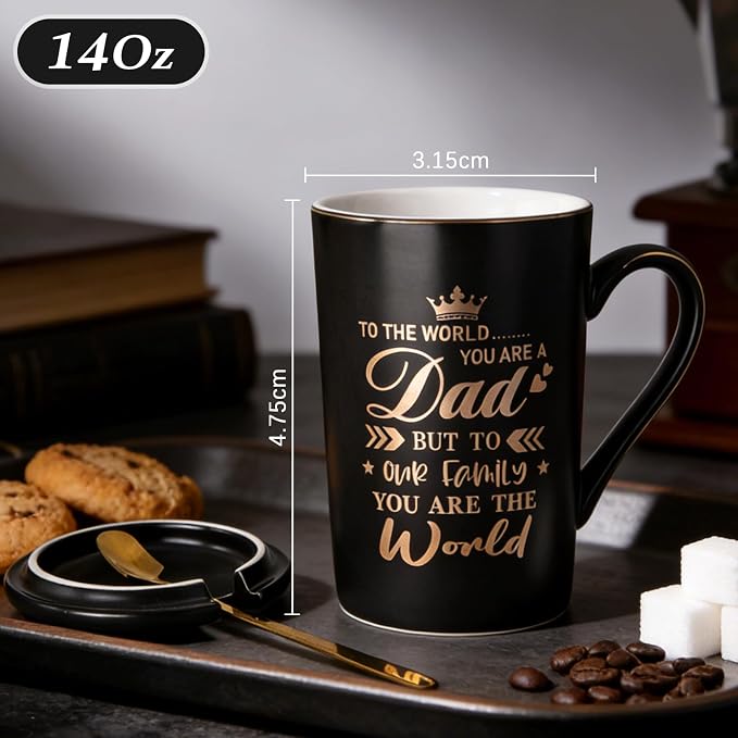 Birthday Dad Gifts from Daughter Son, 14Oz Coffee Mug Print Real Gold | Unique Matte Black Ceramic Cup With Lid Spoon Card Nice Box - Christmas Birthday Fathers Day Gifts for Dad Husband Stepfather - Image 6