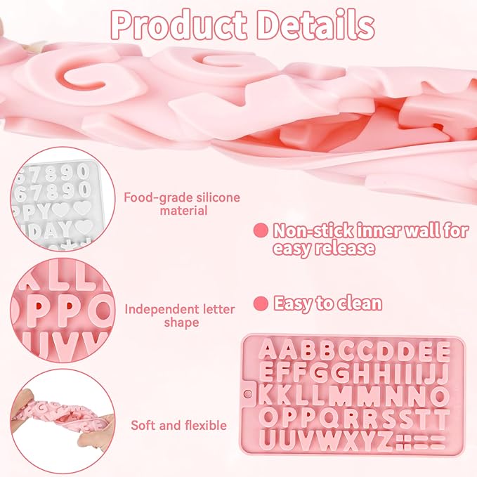 4 Pcs Letter Molds for Chocolate,Non-Stick Chocolate Molds Silicone, Alphabet Baking Tools for Party Cake Candy Cookie Baking Decorations(Pink&Grey)