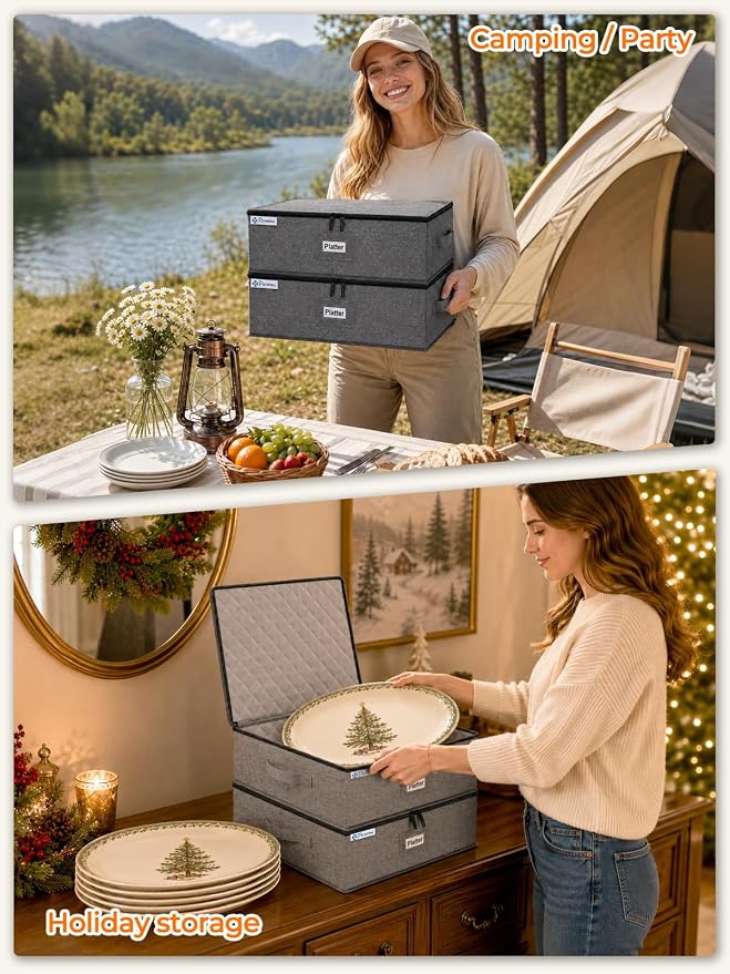 punemi Hard Shell China Platter Storage Containers for Moving, 2 Pack, Grey | Stackable Padded Cases with Felt Dividers, 17 x 13 x 6 in, for Serving Platters, Oval Plates, Trays and Holiday Dishes - Image 7