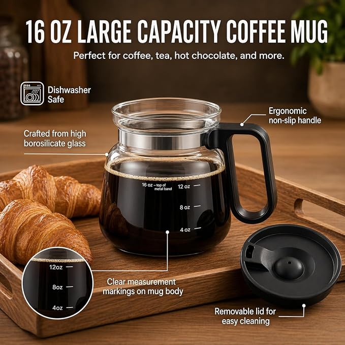 2 PCS Coffee Pot Mug with Lid,16 Oz Glass Mini Coffee Cup Set | Spill Proof Heatproof Large Capacity Clear Travel Mug & Novelty Gift for Coffee Lovers & Office Desk - Image 2