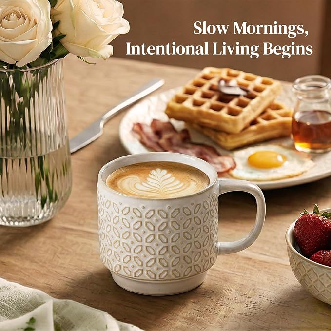 DOWAN 12oz Coffee Mugs Set of 4, Ceramic Coffee Mugs, Stackable Cappuccino Cups, Microwave Safe and Large Handle, Office and Home Use - Image 7