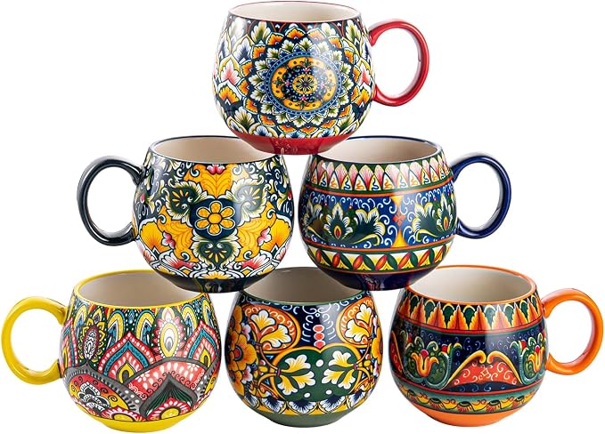 Henten Home Ceramic Coffee Mug Set of 6, 20 oz Colorful Coffee Cup with Handle, Boho Porcelian Mug for Cappuccino, Latte, Tea, Hot Chocolate, Cocoa, Microwave & Dishwasher Safe by HentenHome