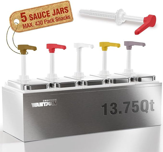 WantJoin Commercial Sauce Dispenser - 5X 2.75QT/2.6L Stainless Steel Pump Jars for Ketchup, Salad Dressing, Syrup, Jam, Salsa - Restaurant Condiment Station