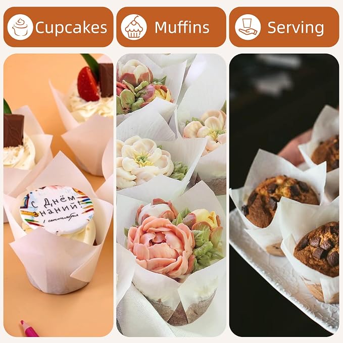 200pcs White Tulip Cupcake Liners for Baking Cups, Premium Parchment paper Tulip Muffin Liners, Greaseproof Cupcake Wrapper for Party, Christmas by JIRNGLA - Image 3