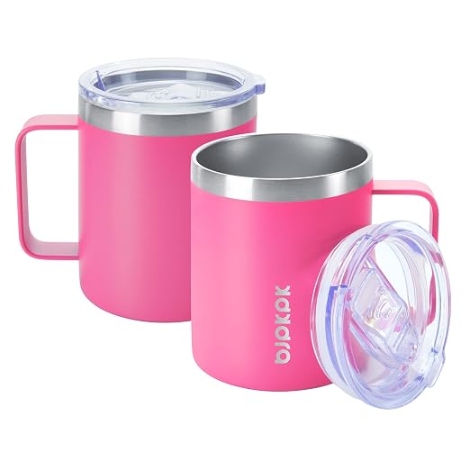 BJPKPK 2 pcs Stainless Steel Insulated Coffee Mug, 14oz, Pink-14oz, Coffee Cup with Lid and Handle, Double Vacuum Insulation, BPA Free | Travel Coffee Mug with Handle, Vacuum Insulated Tumbler Cup for Camping, Office, Home, BPA Free Lid, Hot & Cold by BJPKPK