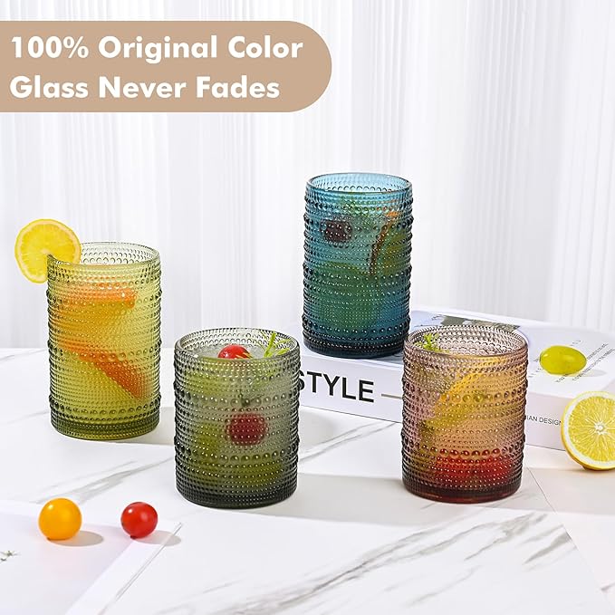ZMOWIPDL 12oz & 15oz Hobnail Drinking Glasses,Colored Glass Cups Set of 8 | Vintage Highball Glassware，Kitchen Drinkware，Embossed Water Tumbler,for Beer,Cocktail,Whiskey,Juice,Various Mixed Drinks - Image 4