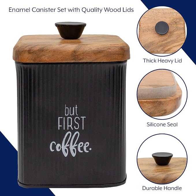 AuldHome Design Farmhouse Black Enamelware Canisters (Set of 3); Storage Containers for Coffee, Tea and Sugar in Black Enamel and Wood Design - Image 6