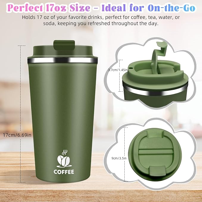 17oz Insulated Travel Coffee Mug with Flip Lid – Leakproof Stainless Steel Insulated Coffee Tumblers, Reuable Coffee Cup for Hot & Cold Drinks, Perfect for Camping & On-the-Go - Image 2
