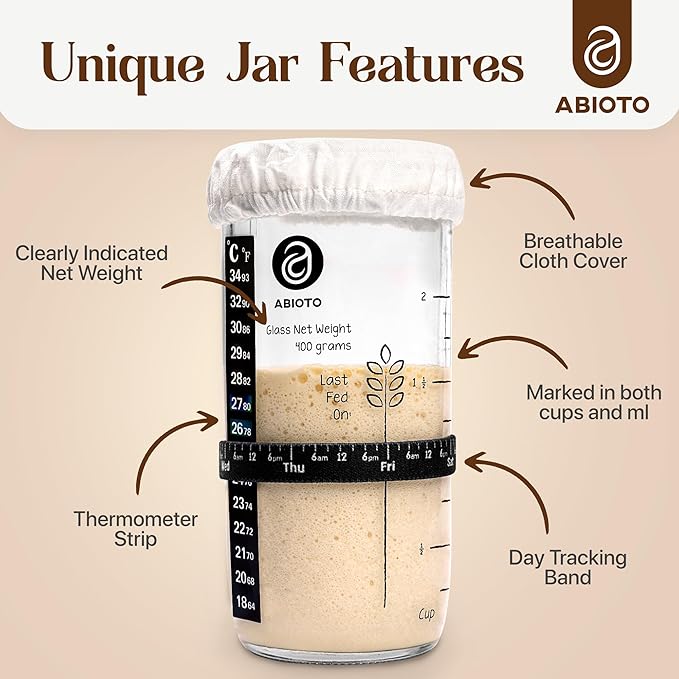 Sourdough Proofing Basket and Starter Jar Kit – 1.1 LB Oval Wood Pulp Banneton (Made in Germany) with 24 oz Sourdough Starter Jar, Thermometer Strips & Spatula – Beginner Bread Proofing Set