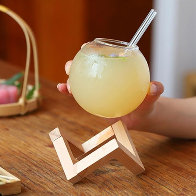 Drink Cup Cocktails Mug Glassware Juices Tumblers Creative Ronud Ball Glass Cup with Wood Stand Drinking Glassware Restaurant Cold Drinking Juices Cups - Image 5