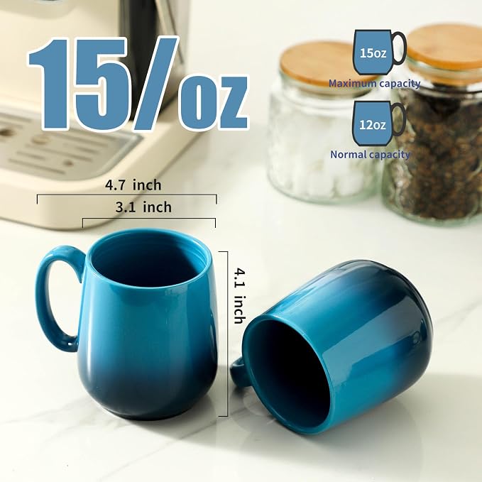 HASENSE 15oz Large Ceramic Mug Set, 4-Piece Blue Ombre Coffee Cups with Handle – Microwave & Dishwasher Safe for Cappuccino Latte Tea, Housewarming Present - Image 2