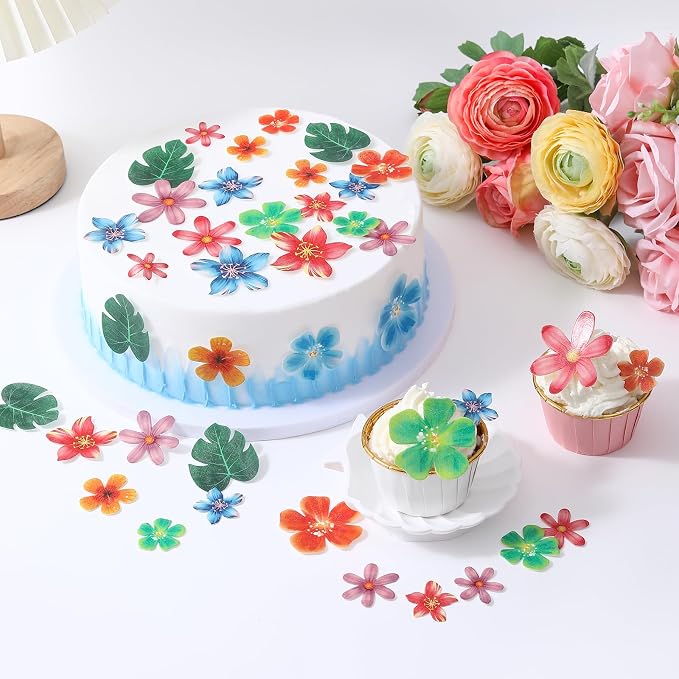 64pcs Edible Tropical Turtle Leaves Flowers Cake Toppers THJ Edible Palm Leaf Flowers Cupcake Toppers Wafer Paper Leaves Decorations for Jungle Hawaii Theme Baby Shower Kids Birthday Party Supplies - Image 4