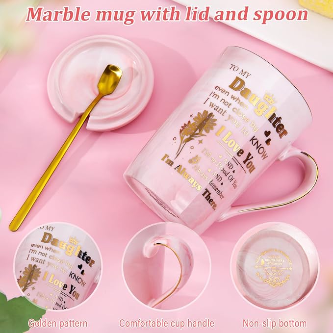Daughter Birthday Gifts from Mom Dad - Unique 14oz Pink Marble Gold Print Coffee Mug, Lid, Spoon, Greeting Card, Presents for Wedding Blessing, Thanksgiving, Valentines, Graduation, Nice Gift Boxed - Image 3