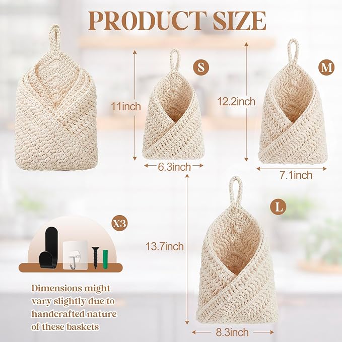 Honeydak Boho Decor Hanging Wall Baskets for Kitchen 3 Pack Teardrop Baskets with Hooks Storage Fruit Onion Vegetable Potato for Home 3 Sizes (White,Triangle,Cotton Rope) - Image 2