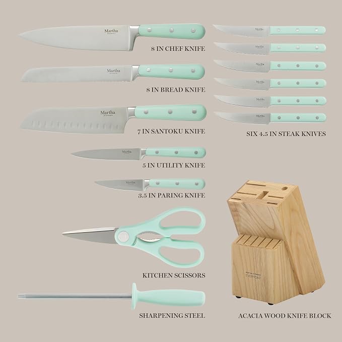 MARTHA STEWART Eastwalk 14 Piece High Carbon Stainless Steel Cutlery Knife Block Set w/ABS Triple Riveted Forged Handle Acacia Wood Block - Martha Blue - Image 3