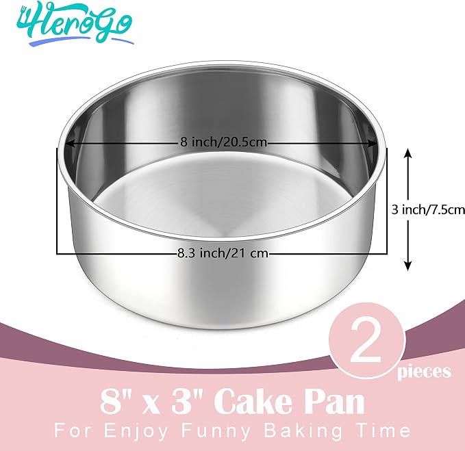 Herogo 8'' x 3'' Cake Pans Set of 2, Stainless Steel Deep 8 Inch Round Baking Pan, for Layer Birthday Wedding Christmas Cakes, Mirror Finish & Healthy, Deep Side & Oven Safe - Image 2