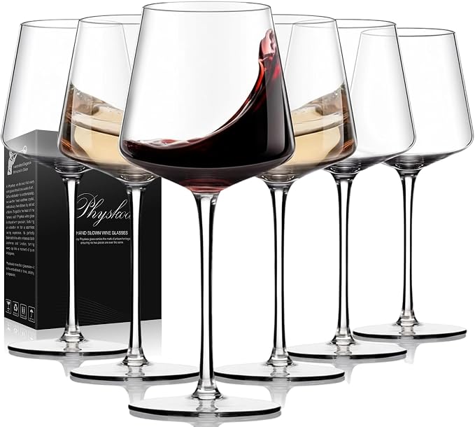 Physkoa Wine Glasses Set 6-18oz-LeadFree Wine Glass with Long Stem,Clear Stemmed Wine Glasses【HandBlown Glassware】 Crystal Wine Gifts for Women Birthday Wedding by Physkoa
