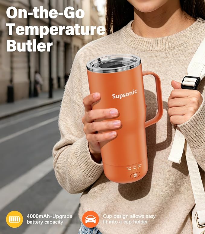 Supsonic Heated Coffee Mug Rechargeable, 20oz Long-Lasting Battery (S3) | Dry-burn protection, 2Hr auto-off, 3-Temp settings, Constant temperature, Inner stainless steel, Warm gift for men women - Image 4