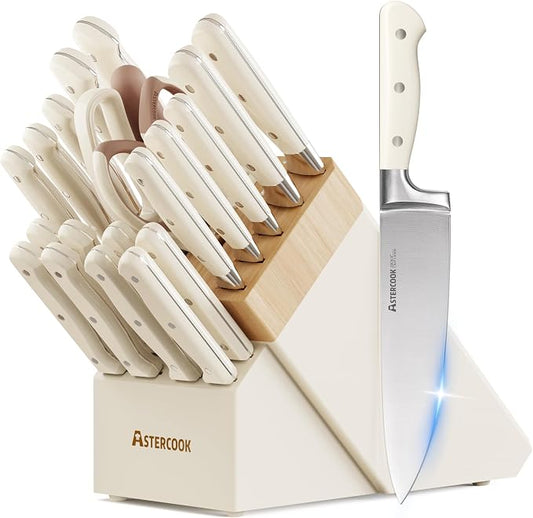 Knife Set,Astercook Kitchen Knife Set with Block 22-Piece Full Tang Stainless Steel Knives with Sharpener Dishwasher Safe and Anti-Slip Ergonomic Handle Elegant Cream White Utensils Set by Astercook