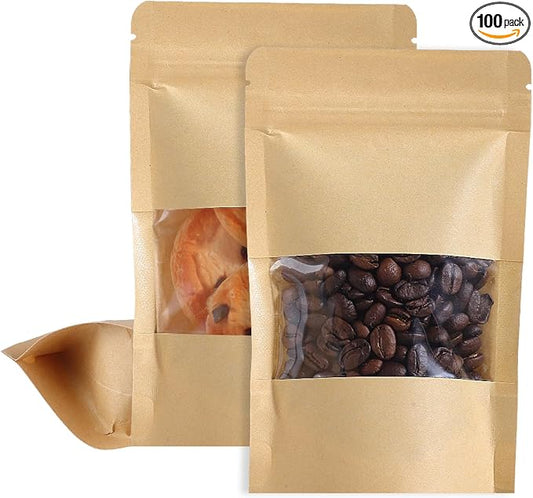 100 Pcs Kraft Stand Up Pouches With Window, Resealable, 4 x 6 In | Cpp-Lined Paper, Heat Sealable, Moisture Resistant, Tear Notch, Clear Window, Snack And Bakery Packaging by WSICSE