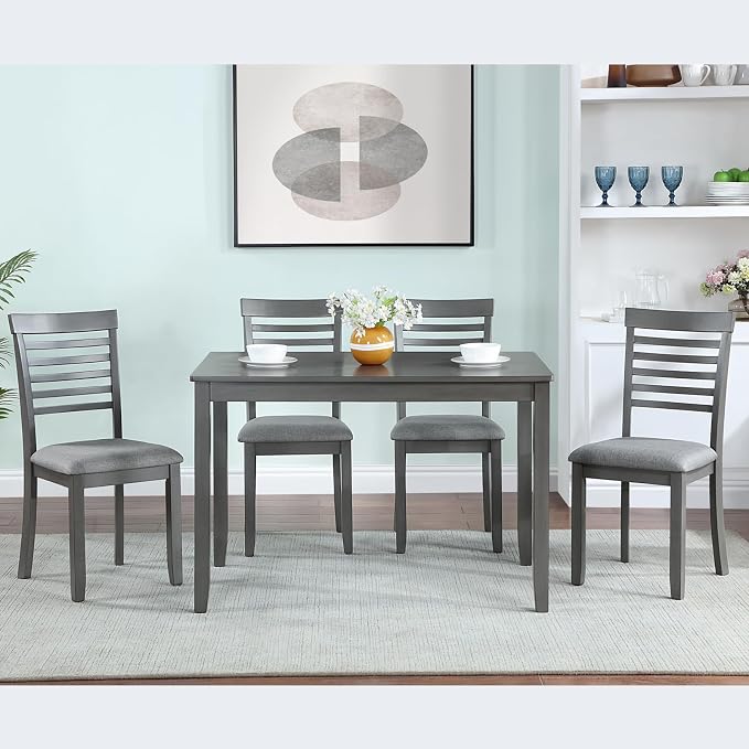 5-Piece Dining Table Set for 4, Kitchen Dining Table with 4 Soft Cushioned Solid Wood Chairs, Ideal for Home or Restaurant Use.(Gray_Medium) - Image 2