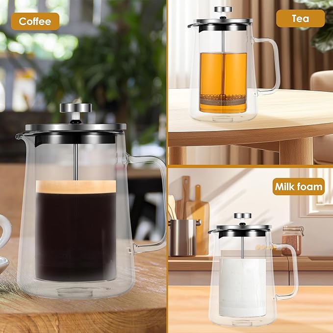 350/650/1000ml French Press Coffee Maker, Double Wall Glass French Press, Clear French Press Tea Maker, Multifunctional Coffee Press Coffee Maker for Home Office (650ML)