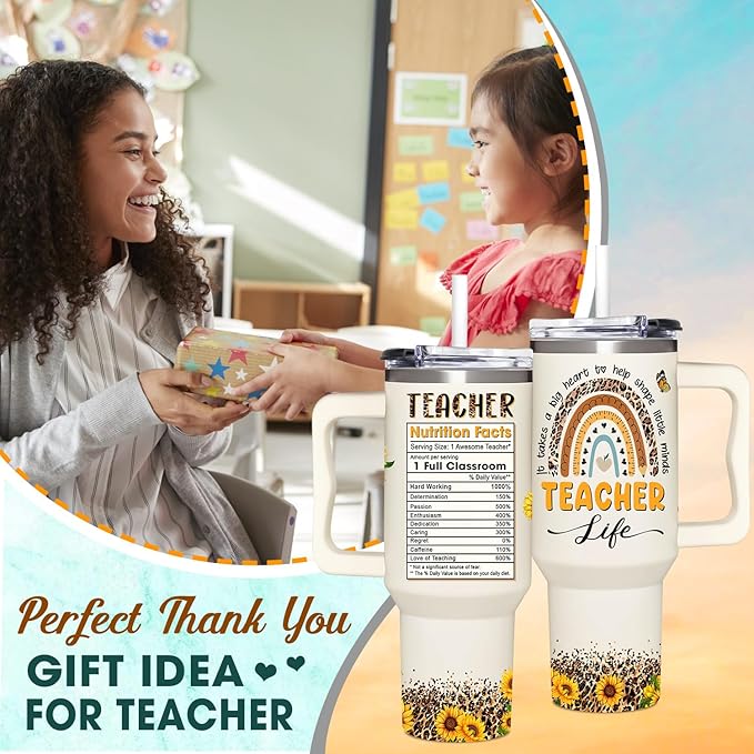 Teacher Appreciation Sunflower Tumbler 40Oz With Handle - Christmas and Graduation Gifts for Women, Thank You From Students