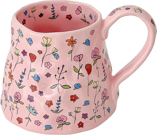 Large Ceramic Coffee Mug Pink Cute Flower with Big Handle, 20oz Girly Floral Tea Cup for Women Mothers Day Gifts, Novelty Irregular Oversized Mugs for Valentines Day by Movlen