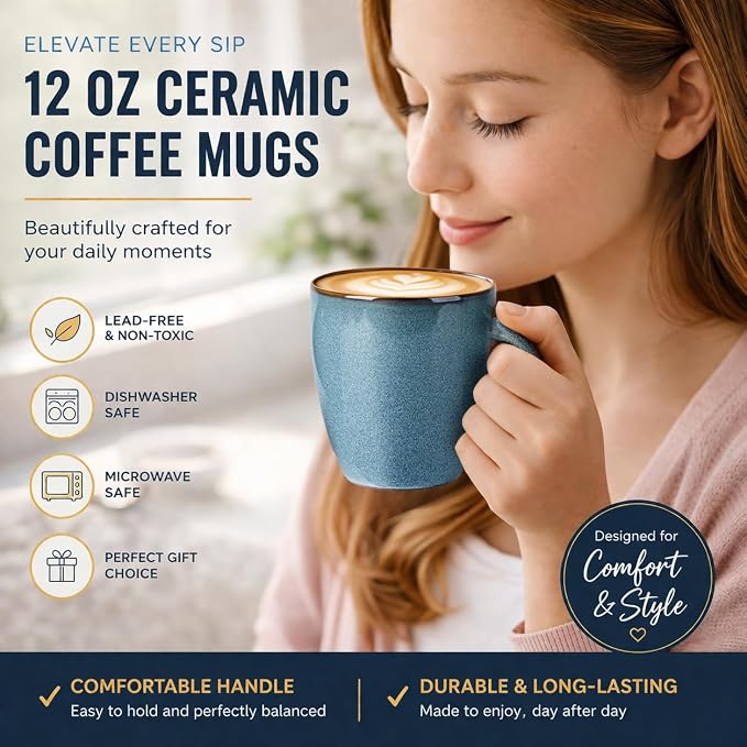 GBhome Ceramic Coffee Mugs Set of 6, 12oz Stoneware Coffee Mugs Set For Dad Mom Women MEN, Light Weight Ceramic Coffee Cups for Latte/Tea/Beer/Hot Cocoa, Dishwasher & Microwave Safe - Image 5