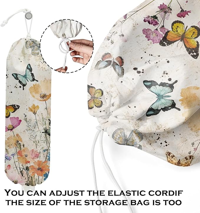 Vintage Floral Plastic Bag Holder, Wall Mount Trash Bag Holder 22.5x9 Inch | Summer Floral Reusable Grocery Bags Storage Dispenser for Home Kitchen Pantry Farmhouse, Butterfly Gifts for Women - Image 4