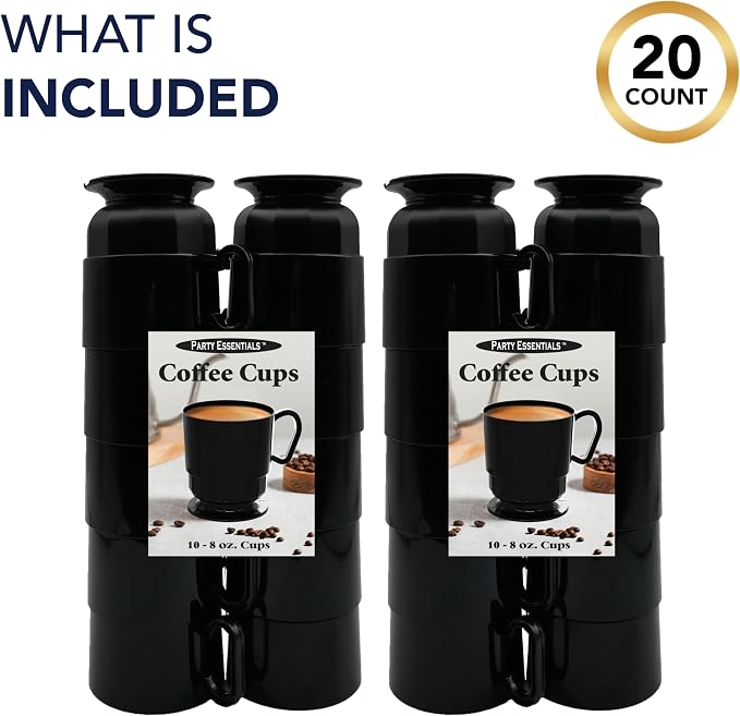 Party Essentials 8-Ounce Hard Plastic Coffee Cup/Tea Mug with Handle, 20-Count, Deluxe Black - Image 3
