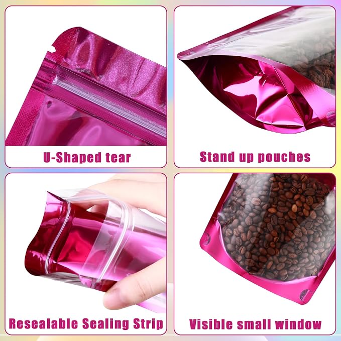 150 Pcs Mylar Bags for Food Storage, 5x8 Mylar Bag with Window Stand Up, Small Holographic Resealable Bags Smell Proof Bag Food Packaging for Small Business Freeze Dried Candy Jewelry Foil Packaging - Image 8