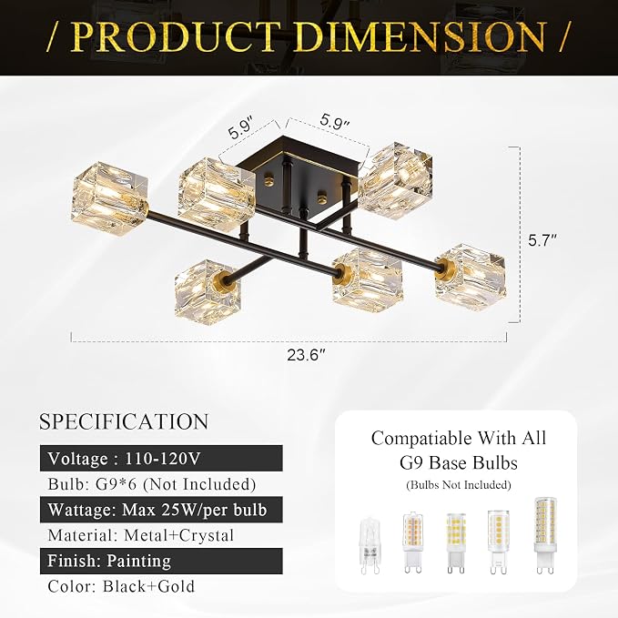 24" Black and Gold Crystal Semi Flush Mount Ceiling Light Modern 6-Light Sputnik Chandelier Luxury Light Fixture for Kitchen Island Entryway Dining Room Living Room - Image 3
