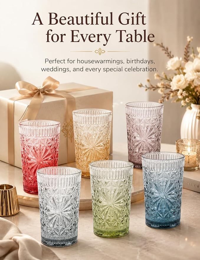 Colored Vintage Drinking Glasses Set of 6, 13 oz Gradient Embossed Highball Glasses, Textured Glass Cups Tumblers for Water, Iced Coffee, Juice & Cocktails, Dishwasher Safe(Dahlia style) - Image 7