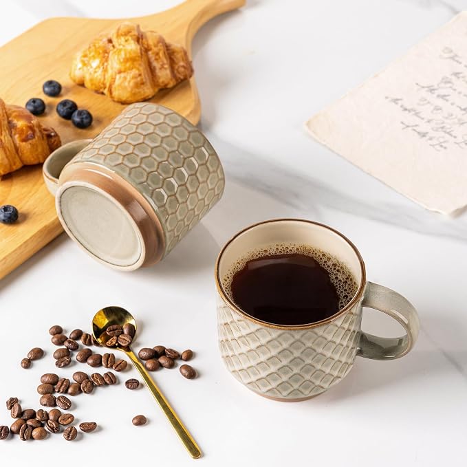GBhome 15 OZ Stackable Coffee Mugs Set of 4, Ceramic Coffee Cups Set | 4 Assorted Designs, Embossed Mugs with Texture Patterns for Tea/Coffee, Dishwasher&Microwave Safe, Pale Khaki - Image 2