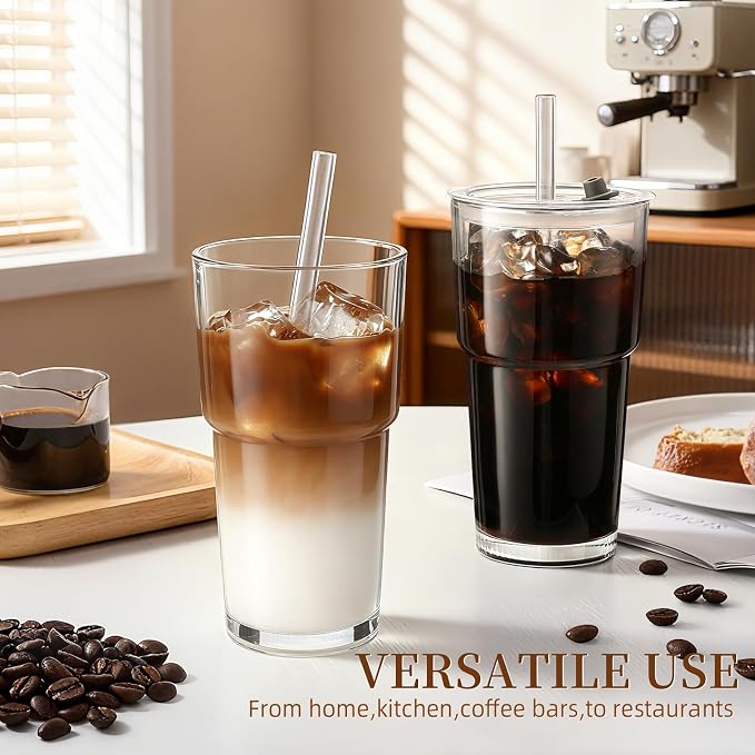 Iced Coffee Cups with Lids 2Pcs: Coffee Bar Accessories - Glass Tumbler with Straw and Lid 20oz - Vintage Glass Cups with Lids and Straws - Tumbler Leak Proof Aesthetic Drinkware for To Go Iced Coffee - Image 5