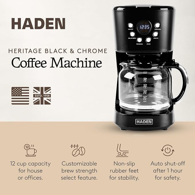 HADEN Coffee Machine, 12 Cup Programmable Drip Coffee Maker with Auto Shut-Off Function and Reusable Washable Water Filter, Black & Chrome - Image 2