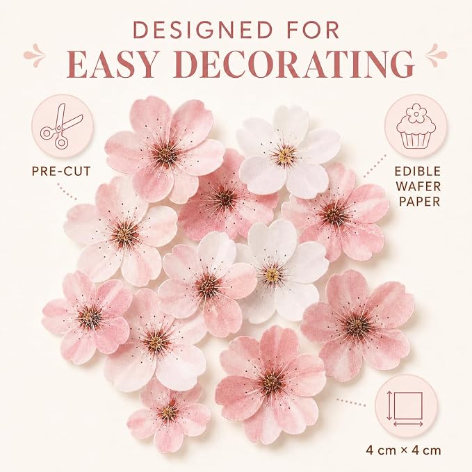 60Piece Edible Cherry Blossom Cake Toppers, Pre-Cut Wafer Paper Flowers in Assorted Sizes for Cupcakes, Baby Showers, Weddings, Birthdays and Spring Parties - Image 6