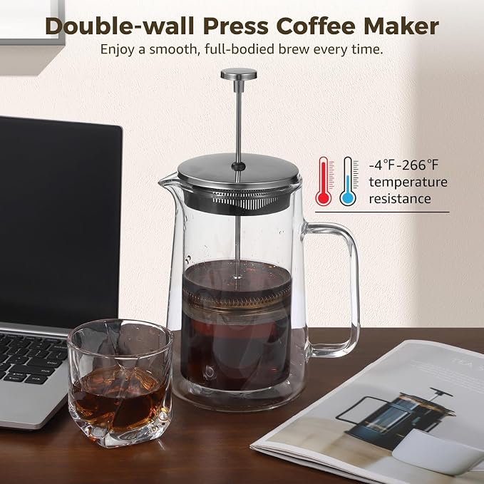 Press Coffee Maker, 1000 ml 33.8 oz Double Wall Insulated Tea Maker, High Borosilicate Glass, Fine Mesh Filter, Ergonomic Handle, Heat Safe, V Shaped Spout, For Hot and Cold Beverages - Image 4