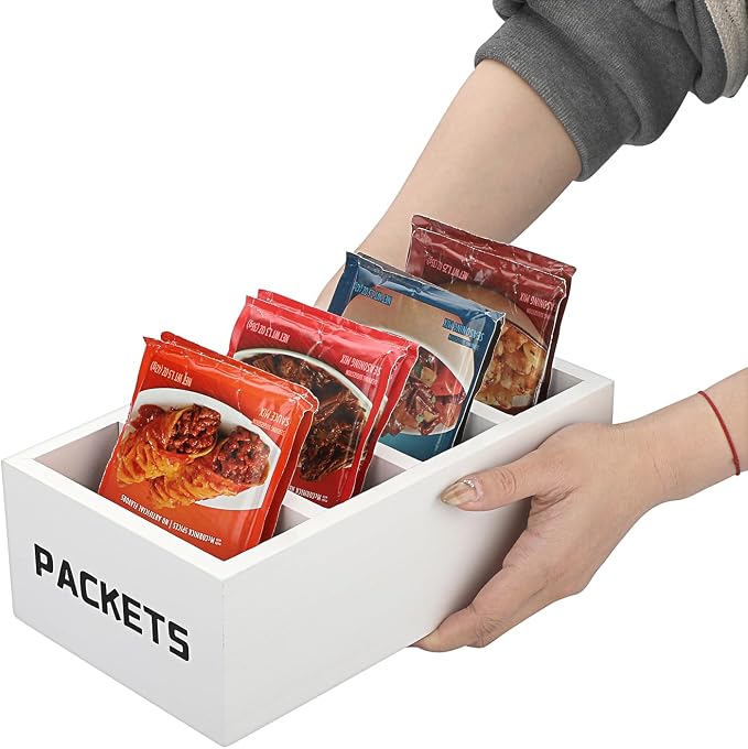 BSTKEY Seasoning Packet Organizer, Food Packet Storage Organizer with 4 Compartments, White Wooden Storage Caddy for Kitchen Pantry Cabinet, Farmhouse Kitchen Organization Bins for Snack Spice Packets - Image 8