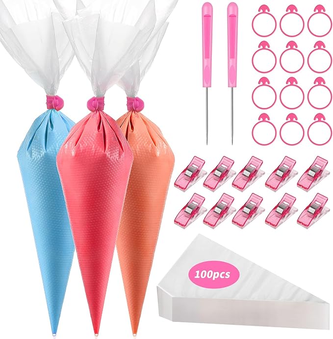 Patelai 122 Pcs Piping Bag Set with Disposable Tipless Piping Pastry Bags Ties Clips Awls Tool for Cakes Icing Scribe Cookie Decorating Supplies Christmas Halloween Decor(14 Inch,Pink)