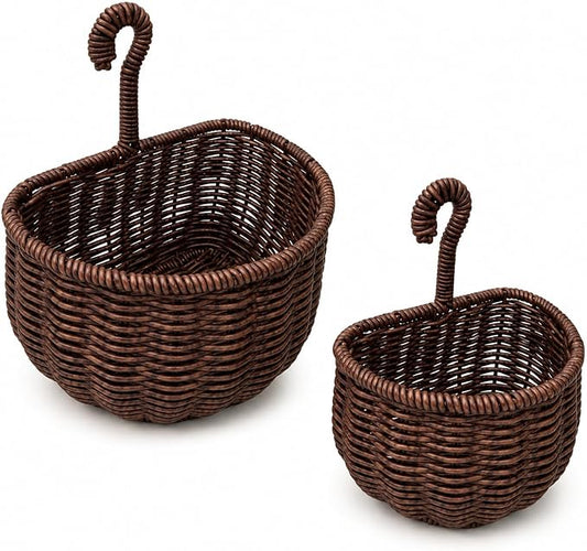 2 Pack Hanging Wall Storage Basket, Woven Rattan Organizer，COFFEE BROWN | Rustic Hand woven wall organizer with hook for kitchen, bathroom and entryway storage, Space-saving decor for modern homes by Unknown