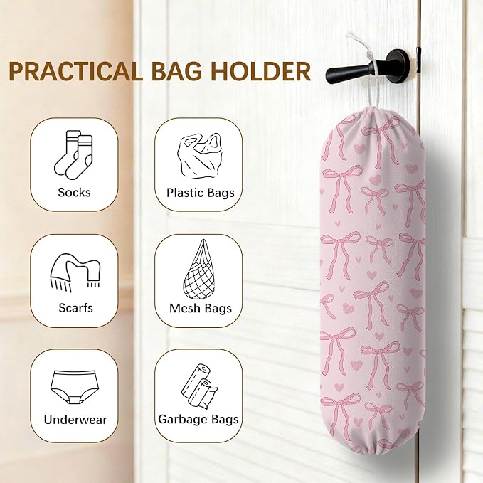 Pink Bow Plastic Bag Holder Dispenser, Plastic Grocery Bag Organizer & Wall Mount Paper Trash Bags Saver Storage for Kitchen Home Pantry Decor, Pink Bow Kitchen Decor Shopping Bags Storage Dispenser - Image 4