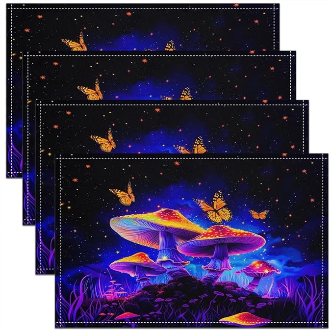 Feelyou Colorful Mushroom Table Place Mats 18"x12" Butterfly Placemats Set of 4 Nature Placemat for Kitchen Dining Table Decor Indoor Outdoor Mushroom Decor Table Place Mats Wild Mushroom Stuff by Feelyou