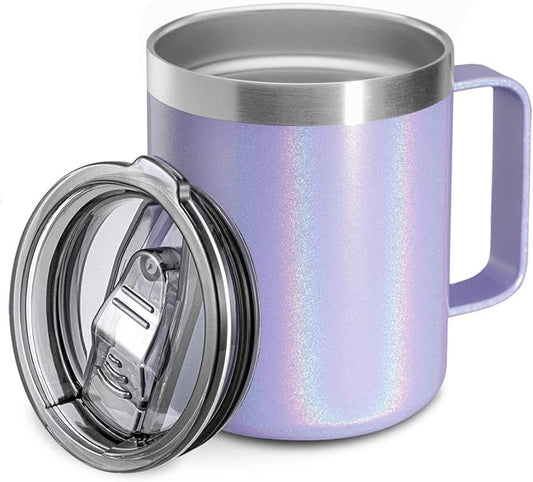12oz Stainless Steel Insulated Coffee Mug with Handle, Double Wall Vacuum Travel Mug, Tumbler Cup with Sliding Lid, GLITTER LAVENDER by ALOUFEA