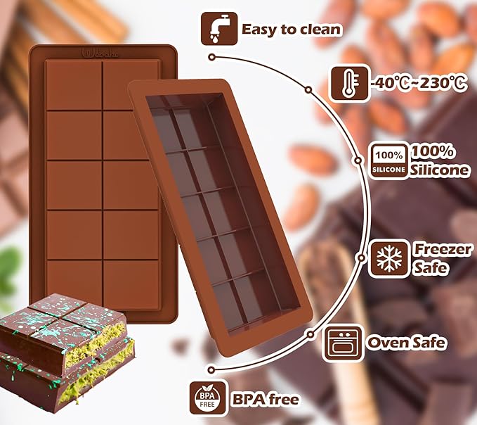 Webake The Original Deep Chocolate Bar Molds 2 Pack, 1 Inch Deep Large and Thick Silicone Chocolate Bar Molds for Stuffed Bar, Big Chocolate Candy Bar Mold for Filling Knafeh Pistachio Chocolate Bar