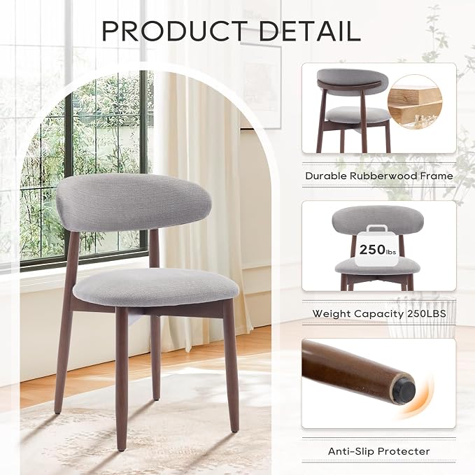 COLAMY Wooden Dining Chairs Set of 4, Modern Fabric Upholstered Dining Room Chair, Farmhouse Kitchen Chair with Foot Pegs, Light Grey - Image 5