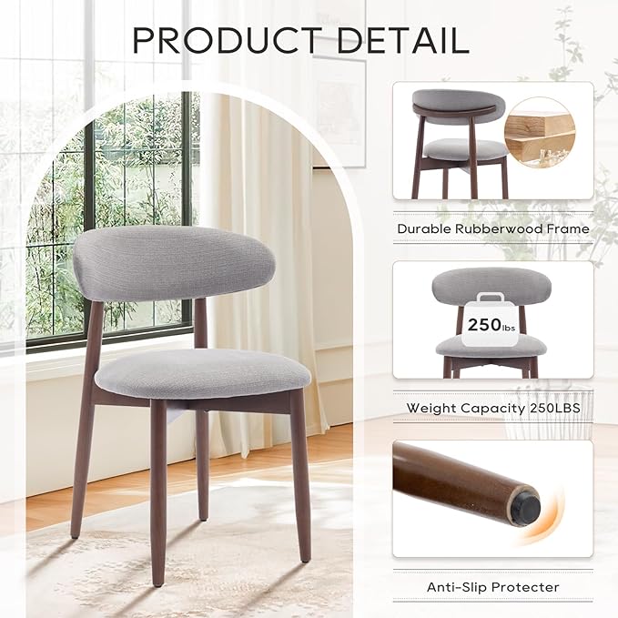 COLAMY Wooden Dining Chairs Set of 6, Modern Fabric Upholstered Dining Room Chair, Farmhouse Kitchen Chair with Foot Pegs, Light Grey - Image 5