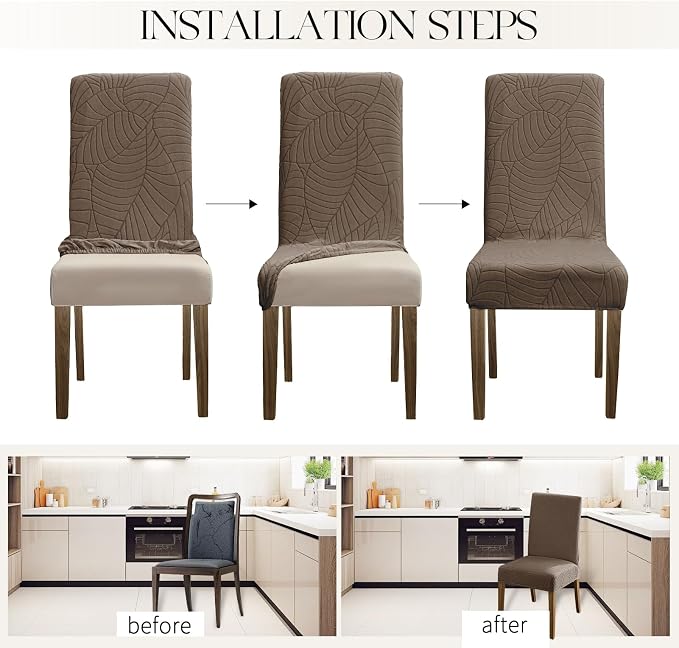 MOSAYT 100% Waterproof Dining Room Chair Covers Set of 4, Super Fit Stretch Jacquard Parson Chairs Slipcovers Removable Washable Chair Seat Protectors for Home, Kitchen, Banquet (Taupe) - Image 5