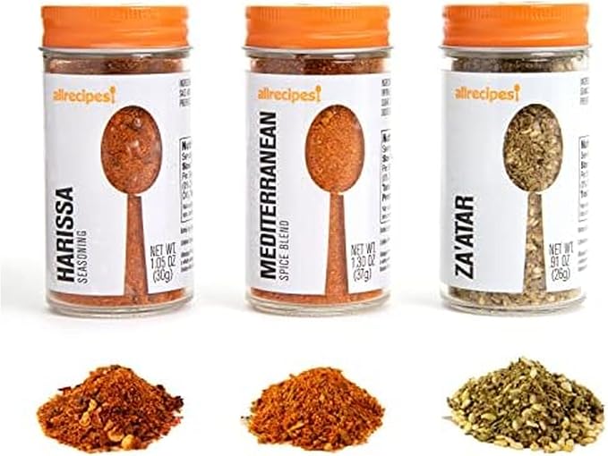 Allrecipes Taste of Morocco (Harissa, Mediterranean Blend, Za'atar) in Glass Jars with Removable Sifter Caps for Sprinkling, Set of 3, Clear, 9.63 x 6.13 x 2-Inch by Allrecipes